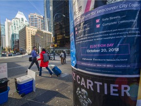 Granville and Georgia in Downtown Vancouver, BC, Oct. 15, 2018. New numbers from researcher Andy Yan show Vancouver's voting population has steeply increased in the most dense areas of the city and put numbers behind the idea that quiet neighbourhoods continue to thin out in voting population.