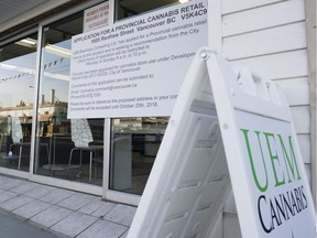 An application sign for a provincial cannabis retail licence posted at the front of UEMCannabis at 1605 Renfrew St. in Vancouver.