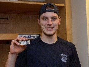 Another Utica milestone: Canucks prospect Adam Gaudette celebrates his first pro goal on Oct. 12 against the Charlotte Checkers.