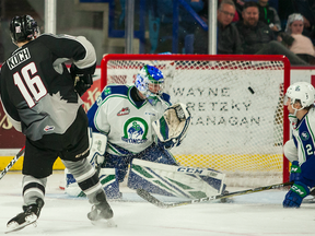Davis Koch scores for the Vancouver Giants in the third period against the Swift Current Broncos.