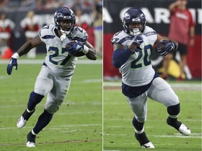 Seattle Seahawks running backs Mike Davis (left) and Rashaad Penny (right) have taken on a supportive role in the rushing game, backing up No. 1 back Chris Carson.