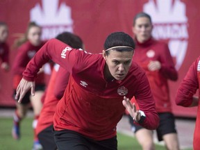 Christine Sinclair and members of the Canadian women's soccer team practise at B.C. Place, in Vancouver on Friday, Feb. 3, 2017.