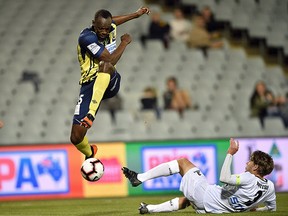 Usain Bolt, playing for A-League football club Central Coast Mariners, chases the ball in his first competitive start for the club in Sydney on October 12, 2018.