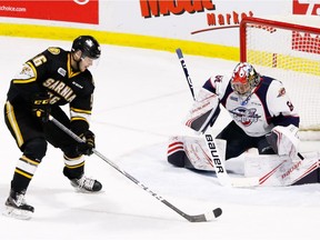 Forward Hugo Leufvenius of the Sarnia Sting takes a shot against goaltender Mike DiPietro of the Windsor Spitfires in a game in early November.