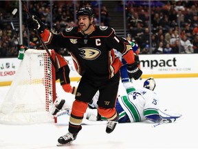 Ryan Getzlaf of the Anaheim Ducks reacts after scoring a goal as Jacob Markstrom looks on during the first period.