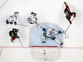 Ryan Getzlaf scores the game's opening goal.