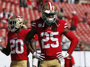 FILE - In this Sunday, Nov. 25, 2018, file photo, San Francisco 49ers cornerback Richard Sherman (25) warms up before an NFL football game against the Tampa Bay Buccaneers in Tampa, Fla. Sherman will see his former team up close on Sunday when the San Francisco 49ers visit the Seahawks, he'll find a Seattle team that's not backsliding.
