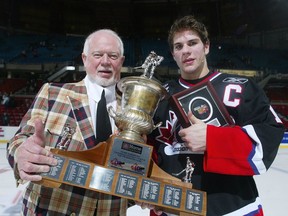 Don Cherry and Gilbert Brule of Team Cherry pose for a photo after defeating Team Davidson in the Top Prospects game at the Pacific Coliseum on Jan. 19, 2005 in Vancouver.