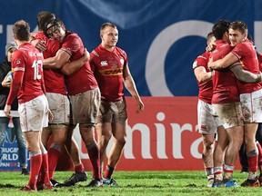 Canadian team players celebrate after their victory in 2019 Rugby World Cup qualifying match between Hong Kong and Canada at The Delort Stadium in Marseille, southern France on November 23, 2018.