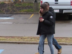 Convicted animal abuser Catherine Adams arrives at court in Drumheller, Alta., on Friday, Nov. 2, 2018 before being sentenced to 90 days.