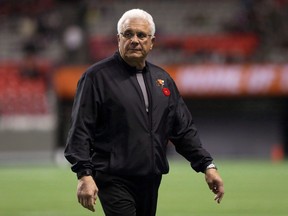 Wally Buono doesn't want the B.C. Lions focused on winning for him in the CFL playoffs. Buono looks on following a play during the second half of CFL action at BC Place in Vancouver, B.C., on Saturday, Nov. 4, 2017.