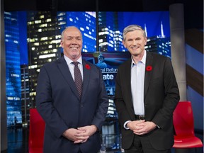 Premier John Horgan and Liberal leader Andrew Wilkinson after a TV debate in November.