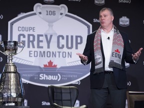 CFL Commissioner Randy Ambrosie addresses the media during the State of the League news conference at Grey Cup week in Edmonton on Friday. The Ottawa Redblacks play the Calgary Stampeders in the 106th Grey Cup on Sunday.