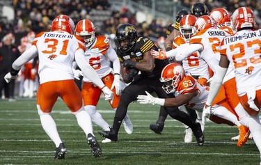 Hamilton Tiger-Cats wide receiver Bralon Addison (86) nears the end zone during first half CFL Football division semifinal game action in Hamilton, Ont. on Sunday, November 11, 2018.