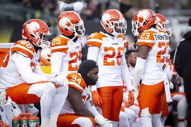 B.C. Lions defensive tackle Claudell Louis (94) reacts on the sidelines with other members of the Lions defence during first half CFL Football division semifinal game action against the Hamilton Tiger-Cats in Hamilton, Ont. on Sunday, November 11, 2018.