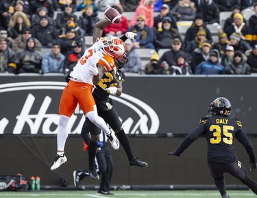 B.C. Lions wide receiver Ricky Collins Jr. (3) is unable to make the catch while defended by Hamilton Tiger-Cats defensive back Cariel Brooks (26) during first half CFL Football division semifinal game action in Hamilton, Ont. on Sunday, November 11, 2018.