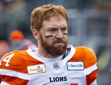 B.C. Lions quarterback Travis Lulay (14) walks off the field after the end of first half CFL Football division semifinal game action against the Hamilton Tiger-Cats in Hamilton, Ont. on Sunday, November 11, 2018.