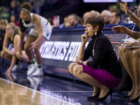 Longtime Notre Dame women's basketball coach Muffet McGraw watches her squad's NCAA game against Harvard on Nov. 9 in South Bend, Ind. Notre Dame won 103-58.