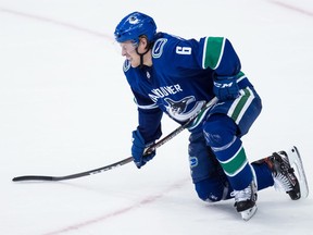 Brock Boeser gets back on his skates during his last game on Nov. 2 at Rogers Arena.