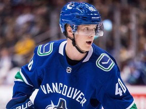Vancouver Canucks' Elias Pettersson, of Sweden, skates during the third period of an NHL hockey game against the Pittsburgh Penguins in Vancouver, on Saturday October 27, 2018. Colorado Avalanche right-wing Mikko Rantanen, Pittsburgh Penguins centre Evgeni Malkin and Chicago Blackhawks right-wing Patrick Kane have been named the NHL three stars of October, while Pettersson is the rookie of the month.