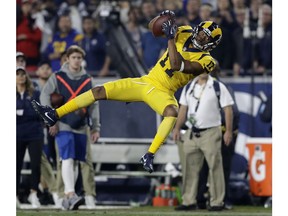 Los Angeles Rams wide receiver Robert Woods makes a catch against the Kansas City Chiefs during the first half of an NFL football game Monday, Nov. 19, 2018, in Los Angeles.