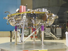 This image, taken at Lockheed Martin Space in Littleton, Colo., shows several of the critical landing systems of the InSight Mars lander, including the thrusters, lander legs and science deck.