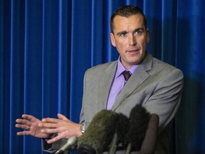 Alan Mullen, a political advisor to Speaker Darryl Plecas, talks to the media at the B.C. legislature in Victoria.