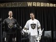 Warriors players Aaron Bold (left) and Logan Schuss, shown at a September news conference announcing the renamed franchise, will have to wait awhile before starting training camp because of the ongoing National Lacrosse League labour dispute.