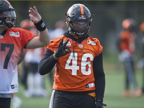 Rolly Lumbala, at the B.C. Lions' practice facility in Surrey, says he wants to win Saturday night at B.C. Place Stadium for longtime coach Wally Buono.