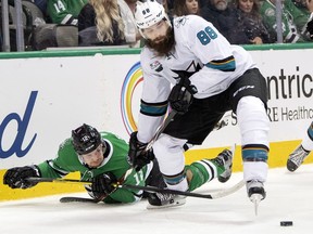 San Jose Sharks bearded defenceman Brent Burns will look to cover Bo Horvat  when the Canucks play in San Jose Friday night against the Sharks.