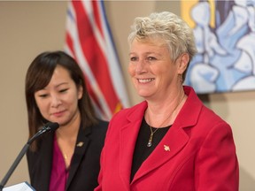 Katrine Conroy, minister of children and family development, speaks to reporters at the Union of B.C. Municipalities conference in Whistler.