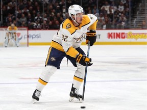 Ryan Johansen #92 of the Nashville Predators looks for a shot on goal against the Colorado Avalanche in the first period at the Pepsi Center on November 7, 2018 in Denver, Colorado.