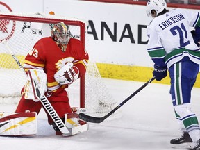 Calgary Flames goalie David Rittich, from Czech Republic, makes a save against Vancouver Canucks' Loui Eriksson, from Sweden, during first period NHL action in Calgary, Saturday, Dec. 29, 2018.
