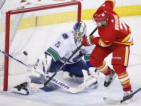 Jacob Markstrom of the Calgary Flames in action against the