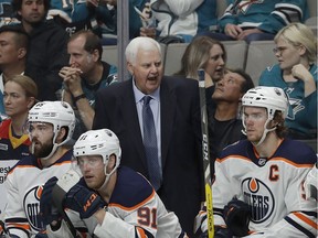 Edmonton Oilers head coach Ken Hitchcock talks to his players during the second period of an NHL hockey game against the San Jose Sharks in San Jose, Calif., Tuesday, Nov. 20, 2018.