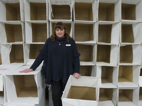 Lisa Werring, executive director of the Surrey Christmas Bureau, stands in front of a wall of empty boxes that usually contain toys for kids. This year because of high demand, the Christmas Bureau is desperate for donations of cash and toys.