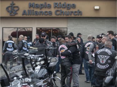 Approximately 250 members of the Hells Angels motorcycle club from BC and across Canada, including members of affiliated support clubs, attend the funeral for slain HA Hardside chapter member Chad Wilson, at the Maple Ridge Alliance Church in Maple Ridge, BC Saturday, December 15, 2018. Wilson was found murdered under the Golden Ears bridge November 18, 2018. There was a heavy police presence at the church during the service.