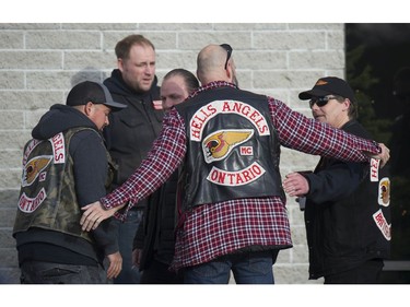 Approximately 250 members of the Hells Angels motorcycle club from BC and across Canada, including members of affiliated support clubs, attend the funeral for slain HA Hardside chapter member Chad Wilson, at the Maple Ridge Alliance Church in Maple Ridge, BC Saturday, December 15, 2018. Wilson was found murdered under the Golden Ears bridge November 18, 2018. There was a heavy police presence at the church during the service.