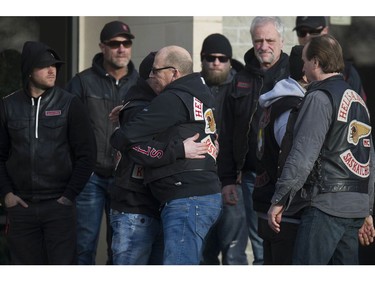 Approximately 250 members of the Hells Angels motorcycle club from BC and across Canada, including members of affiliated support clubs, attend the funeral for slain HA Hardside chapter member Chad Wilson, at the Maple Ridge Alliance Church in Maple Ridge, BC Saturday, December 15, 2018. Wilson was found murdered under the Golden Ears bridge November 18, 2018. There was a heavy police presence at the church during the service.