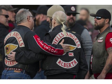 Approximately 250 members of the Hells Angels motorcycle club from BC and across Canada, including members of affiliated support clubs, attend the funeral for slain HA Hardside chapter member Chad Wilson, at the Maple Ridge Alliance Church in Maple Ridge, BC Saturday, December 15, 2018. Wilson was found murdered under the Golden Ears bridge November 18, 2018. There was a heavy police presence at the church during the service.