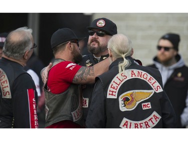 Approximately 250 members of the Hells Angels motorcycle club from BC and across Canada, including members of affiliated support clubs, attend the funeral for slain HA Hardside chapter member Chad Wilson, at the Maple Ridge Alliance Church in Maple Ridge, BC Saturday, December 15, 2018. Wilson was found murdered under the Golden Ears bridge November 18, 2018. There was a heavy police presence at the church during the service.