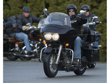 Approximately 250 members of the Hells Angels motorcycle club from BC and across Canada, including members of affiliated support clubs, attend the funeral for slain HA Hardside chapter member Chad Wilson, at the Maple Ridge Alliance Church in Maple Ridge, BC Saturday, December 15, 2018. Wilson was found murdered under the Golden Ears bridge November 18, 2018. There was a heavy police presence at the church during the service.