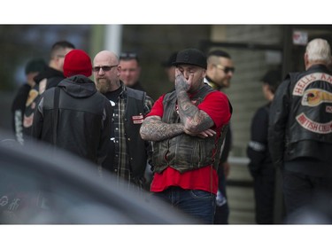 Approximately 250 members of the Hells Angels motorcycle club from BC and across Canada, including members of affiliated support clubs, attend the funeral for slain HA Hardside chapter member Chad Wilson, at the Maple Ridge Alliance Church in Maple Ridge, BC Saturday, December 15, 2018. Wilson was found murdered under the Golden Ears bridge November 18, 2018. There was a heavy police presence at the church during the service.