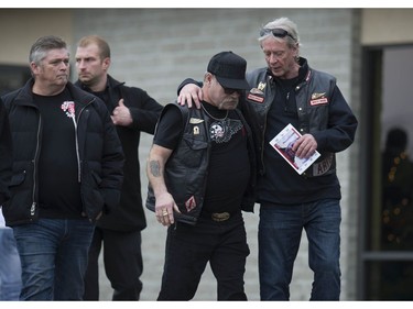 Approximately 250 members of the Hells Angels motorcycle club from BC and across Canada, including members of affiliated support clubs, attend the funeral for slain HA Hardside chapter member Chad Wilson, at the Maple Ridge Alliance Church in Maple Ridge, BC Saturday, December 15, 2018. Wilson was found murdered under the Golden Ears bridge November 18, 2018. There was a heavy police presence at the church during the service.