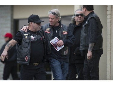 Approximately 250 members of the Hells Angels motorcycle club from BC and across Canada, including members of affiliated support clubs, attend the funeral for slain HA Hardside chapter member Chad Wilson, at the Maple Ridge Alliance Church in Maple Ridge, BC Saturday, December 15, 2018. Wilson was found murdered under the Golden Ears bridge November 18, 2018. There was a heavy police presence at the church during the service.