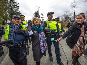 Elizabeth May is arrested by RCMP on March 23, 2018 at Kinder Morgan's Burnaby Mountain construction site. Elizabeth May shows it doesn't matter how old you are or what position you hold, sometimes you have to risk it all for the principles you hold dear. Camera: Canon EOS-1D X Mark II, Lens: EF11-24mm f/4L USM Setting: ISO 400, F 4.5, Focal length: 11mm.