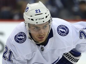 Tampa Bay Lightning forward Brayden Point lines up for a faceoff against the Winnipeg Jets in Winnipeg on Sun., Dec. 16, 2018.