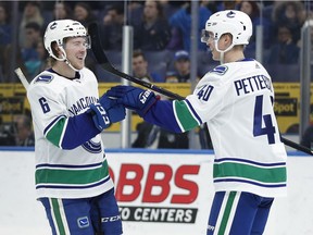 Vancouver Canucks' Brock Boeser (6) is congratulated by Elias Pettersson after scoring during the third period of an NHL hockey game against the St. Louis Blues, Sunday, Dec. 9, 2018, in St. Louis.