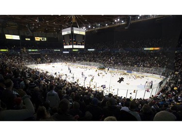 Teddy bears and other stuffed animals are tossed on the ice during the annual Teddy Bear Toss! after the Vancouver Giants score on the Victoria Royals in a regular season WHL hockey game at the Pacific Coliseum, Vancouver,  December 08 2018.