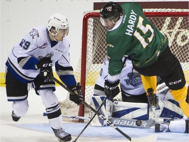 Victoria Royals #29 Brandon Cutler keeps Vancouver Giants #15 Owen Hardy from the rebounding puck in front of Royals goalie in a regular season WHL hockey game at the Pacific Coliseum, Vancouver,  December 08 2018.